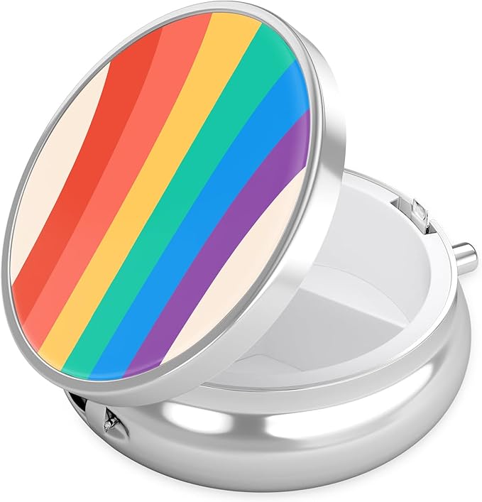 LGBTQ Colroful Rainbow Pill Case, Pill Box 3 Compartments Metal Small Pill Holder with Mirror Mini Travel Pill Container for Purse Pocket Women Men
