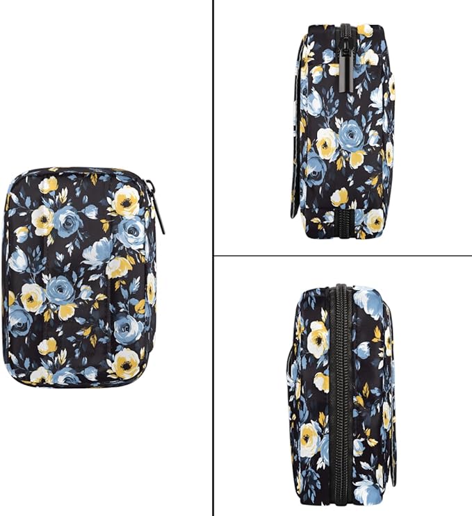 Floral Blue Flower Pill Case Everyday Travel, 7 Day Weekly Medicine Pill Box Compact Portable Pills Bottle Organizer with Zipper for Daily Vitamin Medicine Holder Bottle Organizers Bag