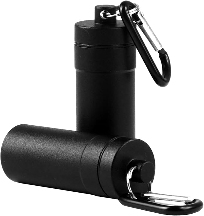 Deke Home - Waterproof Keychain Pill Holder (2 Pack), Small Aluminum Pill Case for Medicine, Vitamins & Travel, Portable Pill Container with Secure Screw Top & Carabiner, 1.9"x0.7", 1.4oz