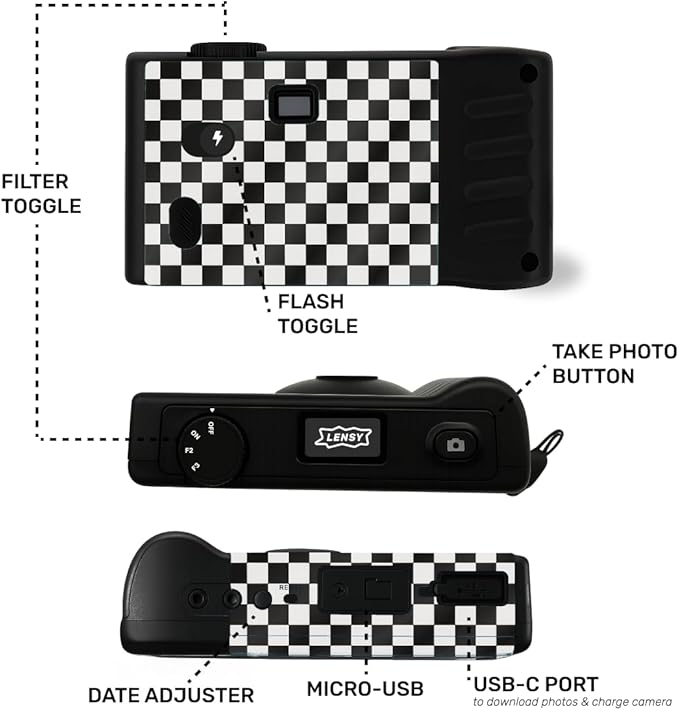 LENSY Screen Free Digital Camera | Four Built in Filters | Rechargeable, 8mp, Lightweight, Focus-Free, Auto-Flash, Easy-to-Use, Reusable, Retro Film-Style Photos (Checker Pattern)