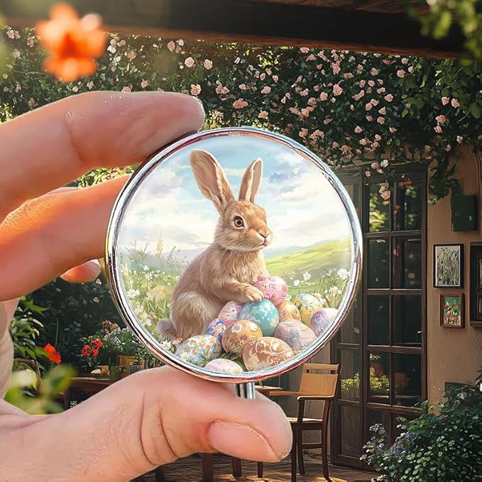 Portable Round 3 Compartment Metal Pill Box Features A Brown Rabbit with Easter Eggs Perfect for Organizing Medications Traveling Or Celebrating Easter