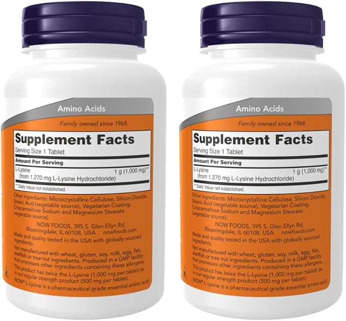 NOW Foods Supplements, L-Lysine (L-Lysine Hydrochloride) 1,000 mg | Double Strength, Amino Acid | 250 Tablets - Pack of 2 with Pill Organizer
