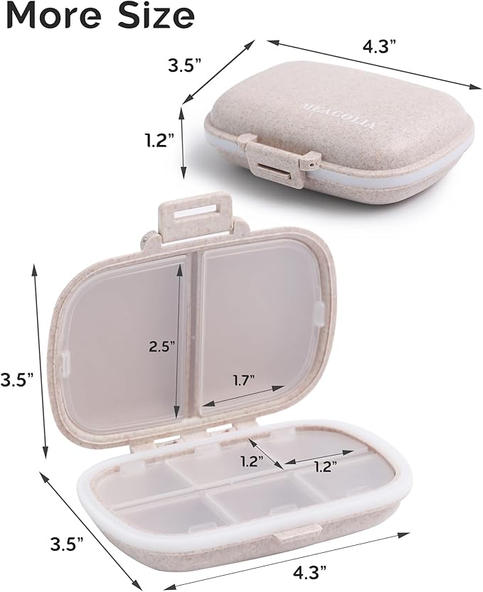8 Compartments Travel Pill Organizer, Daily Pill Case Small Pill Box for Pocket Purse, Portable Pill Container Medicine Vitamin Organizer (Khaki)