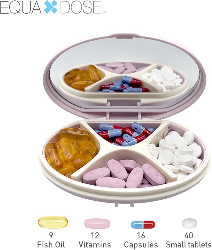 EQUADOSE Oval Compact Pill Case, Portable Organizer with Mirror, Travel Medication Holder with Removable Divider, Small Storage Case for Pills, Vitamins, Earbuds, Jewelry & Daily Essentials, Rose