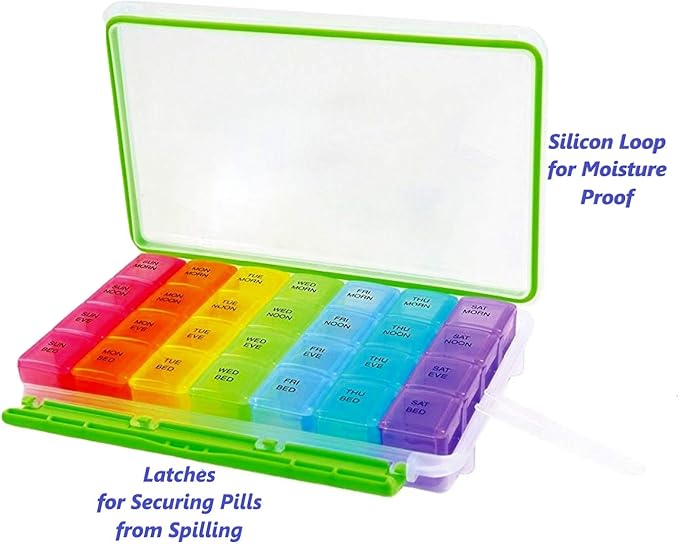 Pill Organizer Weekly AM/PM Pill Box -Moisture Proof Medicine Organizer 7 Day Portable Travel Medication Container 4 Times a Day with Large Compartments for Vitamins Supplements