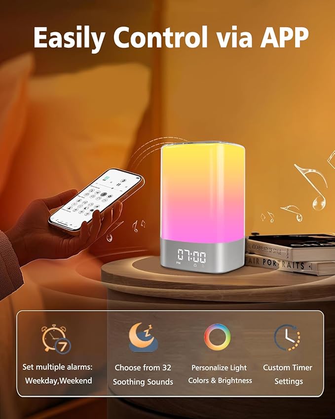 Sound Machine White Noise Machine with 32 Soothing Sounds, Bluetooth Speaker Alarm Clocks for Bedrooms with Wake up Light, Night Light for Kids, App Control Birthday Gifts for Teenage Girls Boys Women