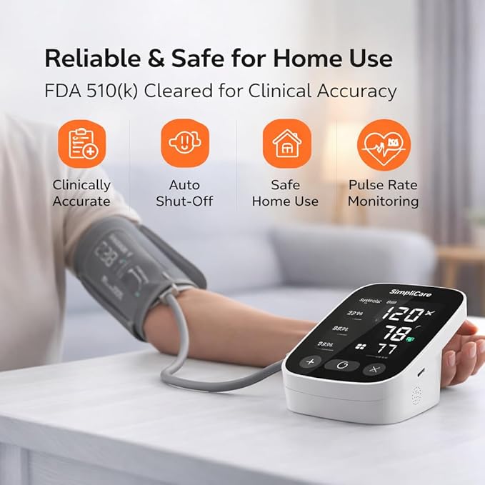 Upper Arm Blood Pressure Monitor for Home Use, FDA 510(k) Cleared Class II Medical Device, Wide-Range Cuff 22–42 cm, Large 5.2" LED Display, Dual User, USB-C & Battery (AES-U382)