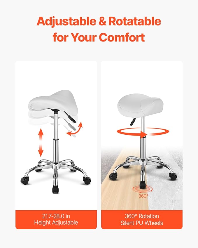 VEVOR Saddle Stool with Wheels, 450 LBS Weight Capacity Ergonomic Rolling Stool, Height Adjustable Thickened PU Leather Swivel Saddle Chair for Salon, Spa, Massage, Tattoo, Clinic, White