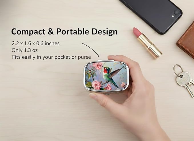 Hummingbird Pill Box 2 Compartment Small Pill Case,Portable for Pocket or Purse Pill Organizer Pill Container Holder with Mirror to Hold Vitamins, Medication, Fish Oil and Supplements