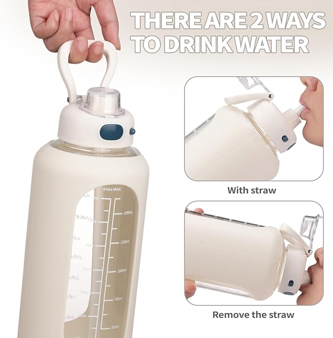 SIEROZUR 64 oz Glass Water Bottle with Straw and Handle Half Gallon Large Water Bottle with Silicone Sleeve and Time Marker Sports Water Jug Wide Mouth for Travel Gym