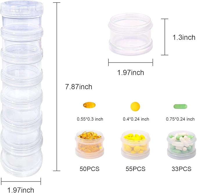 2 Pack 7 Day Pill Organizer Case Stackable Weekly Supplements Vitamins Pills Holder Dispenser Large Translucent Clear with Extra Lid