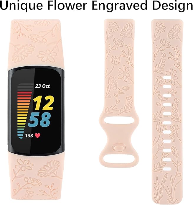Flower Engraved Bands Compatible with Fitbit Charge 5 Band/Charge 6 Bands Women Cute Floral Engraving Soft Silicone Sport Strap Replacement Wristband for Fitbit Charge 5/6 Tracker Accessories