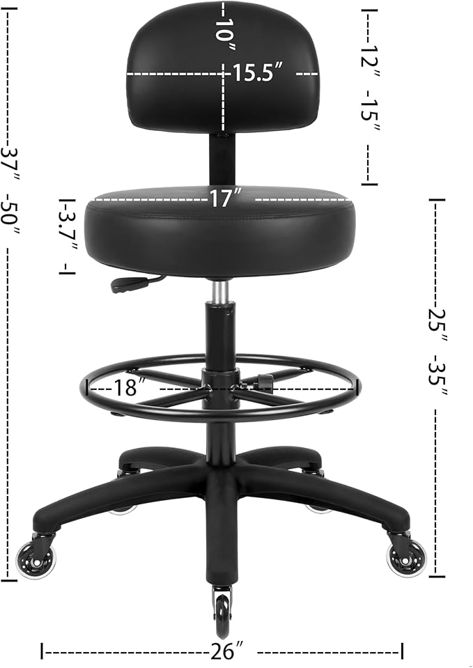 TAKE UR SEAT® Economical Multi-Purpose Medical Spa Drafting Stool with Adjustable seat and Back Height. Advanced Fabric seat Cover is Easy to Clean. Blade Wheels (Tall Bench Height Black)