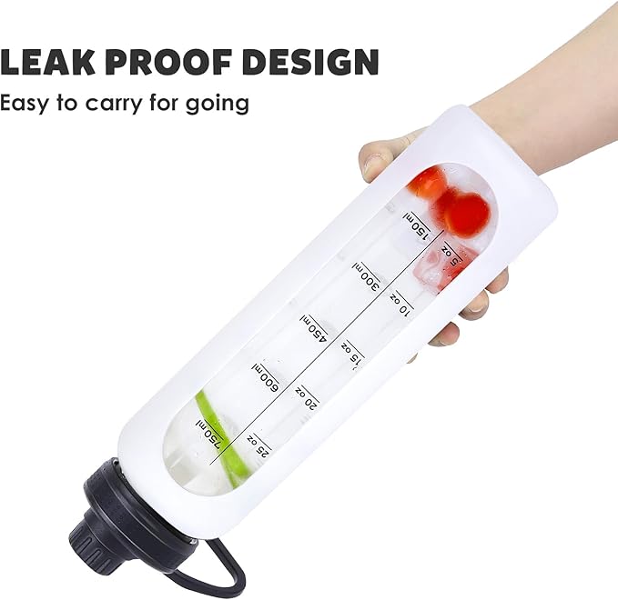 GIEMIT Glass Water Bottles 32oz with Silicone Sleeve Drinking Hydration Bottles Reusable Borosilicate Wide Mouth Motivational Water Flask Canteen with Time Marker Spout Lid and Brush (White - 32 oz)
