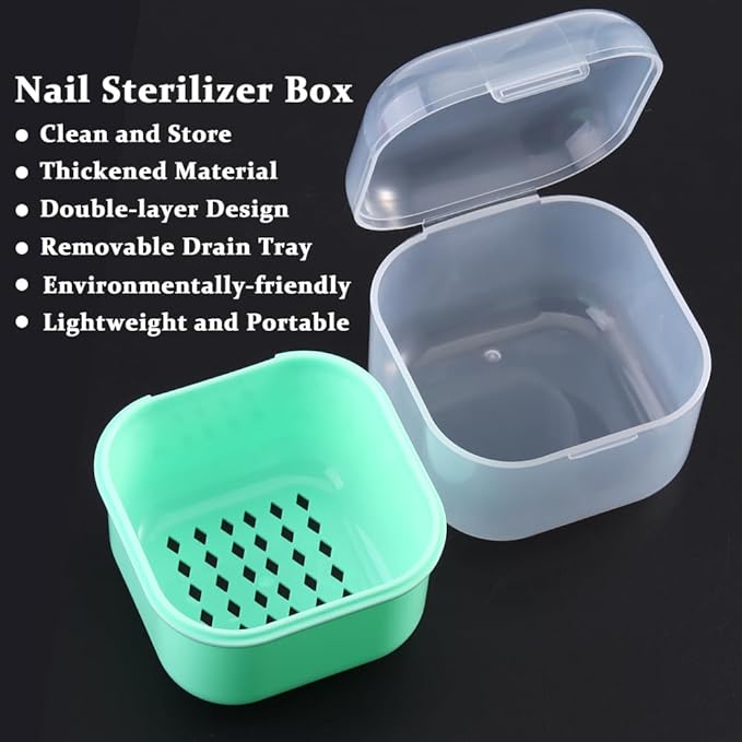 Nail Tool Sterilizer Box Plastic Sterilization Tray for Nail Art Accessories Tools, Portable Disinfectant Container Soaking Box with Strainer for Nail Drill Bits Manicure Cleaning Equipment