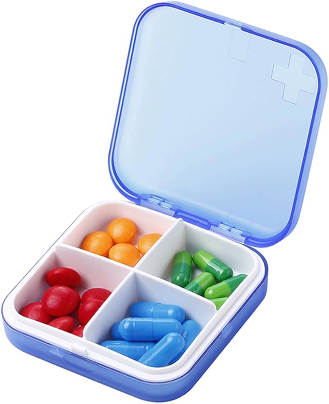 Portable Pill Organizer - Slim Pill Box for Purse or Travel, Compact Pill Case(4 Compartment,Blue)