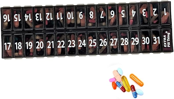 AM PM 31 Day Once-a Day Monthly Pill Planner Organizers - Large Compartment Pill Boxes Store Medications for Entire Month Plus Compartment for Extra Pills (AM/PM) (Am/Pm Black & Black)