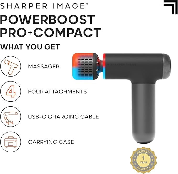 Sharper Image® Powerboost® Pro+ Hot & Cold Compact Deep Tissue Massage Gun - 6 Speed, 4 Attachments, Travel Case| Soothing Heat & Cold Therapy| Portable Lightweight Full Body Shoulder & Back Massager