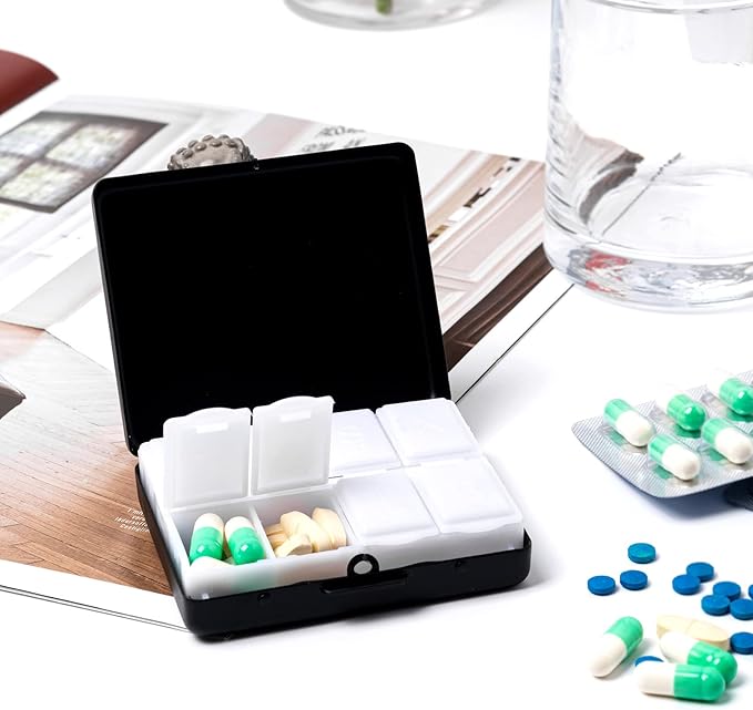 Portable Metal Travel Medicine Box/8 Compartments (Black)