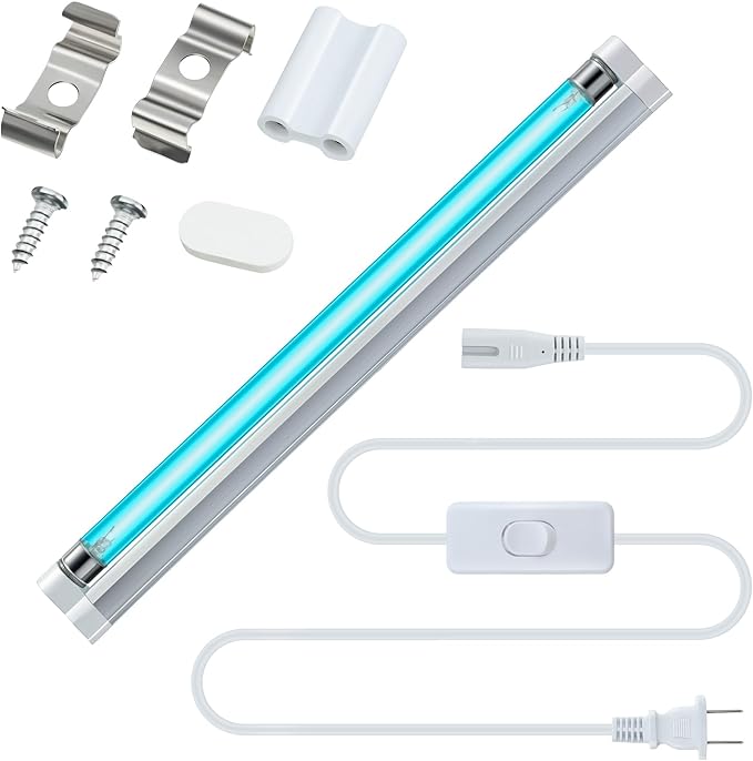 6w UV Light with Ozone, 110V UVC Double Germicidal Lamp Including ON/Off Switch Cord and Plug, 253.7nm Wavelength UVC Lamp with Connector and Screw Tools for Closet Shoe Cabinet