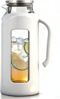 Delove Glass Pitcher with Lid & Shatterproof Shell – Heat-Resistant Borosilicate Glass Jug, 2 L/68 oz with Handle & Spout – Perfect for Iced Tea, Juice, Hot & Cold Water (White)