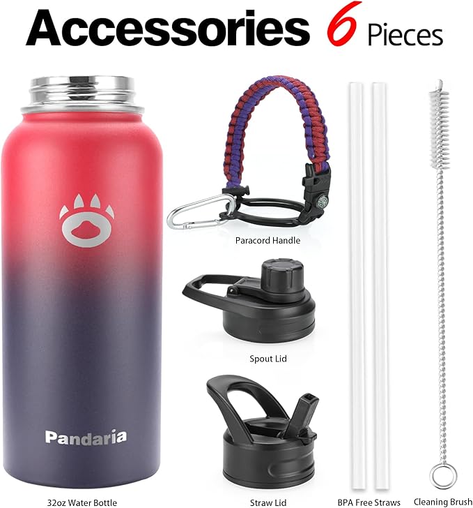 Insulated Water Bottle 32oz, Stainless Steel Water Bottle with Straw & Spout Lids & Paracord Handle | with Straw, Spout Lids, Paracord Handle