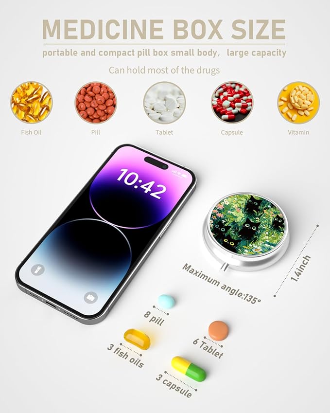 Pill Box, 3 Compartment Portable Travel Medicine Box with Mirror, Compact and Cute, Fits in Purse and Pocket, Medicine and Vitamin Organizer (Grass and Cat)