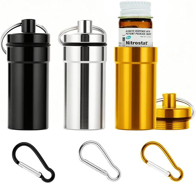 Keychain Pill Holder for Nitroglycerin, 3 Pack Mini Waterproof Portable Travel Purse Pocket Pill Case, Keychain Fob Container for 25ct Nitro/Nitroglycerin Bottle (3pcs-Black + Silver + Yellow)