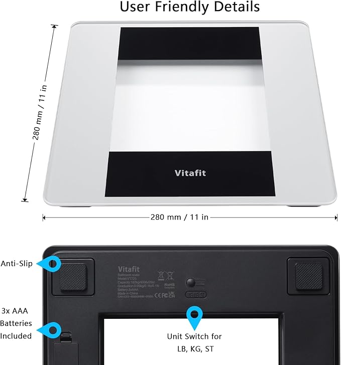 Vitafit Digital Bathroom Scale for Body Weight, High Accuracy Assured by Weight Scale Professional Factory Since 2001, White LED and Step-On, 3*AAA Batteries Included, 400lb, Silver