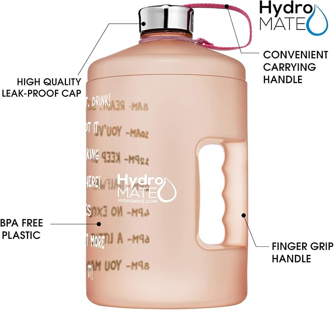 NatureWorks HydroMATE 1/2 Gallon Water Bottle with Times to Drink BPA Free Leak Proof Reusable Jug with Handle 64 oz (Rose Gold)