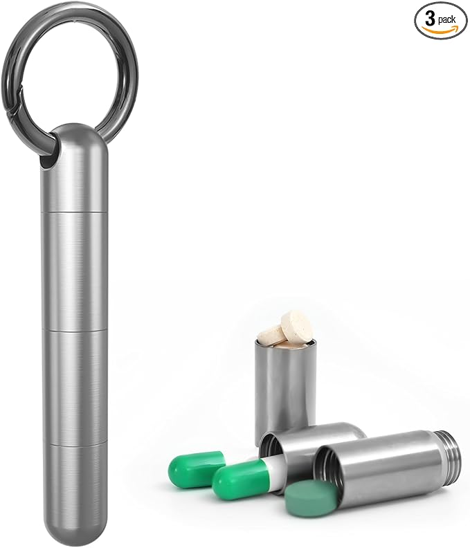 Titanium Keychain Pill Holder,Portable Mini Pill Case, Waterproof Small Pill Container,Mental Pill Box for Travel Purse Pocket(3 Compartment)