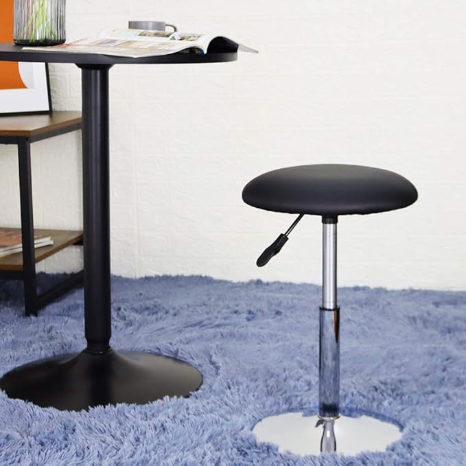 FURWOO Short Round Spa Stool Height Adjustable Swivel Bench for Bedroom Living Room Black PU Leather