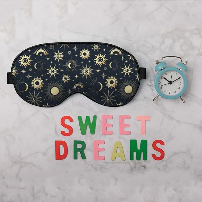 Mystical Night Eye Mask Sleeping Mask Gold Sun Moon and Stars Space Galaxy Black Sleep Masks Silky Soft Eye Cover for Women Men Shading Blindfold for Air Travel Sleeping