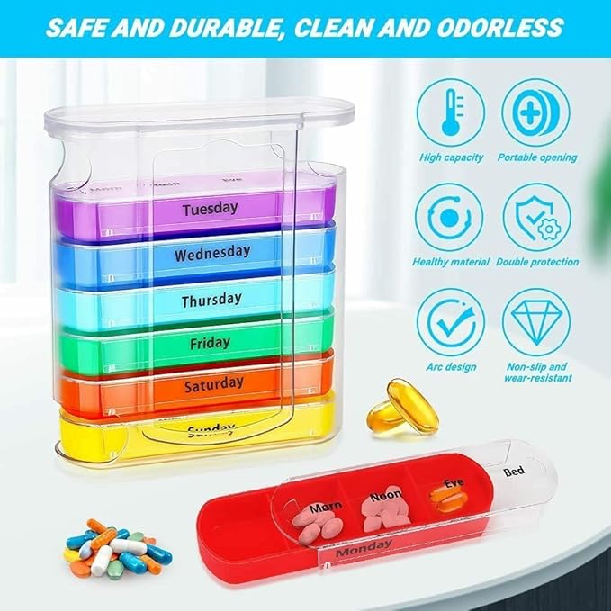 Weekly 7 Day Pill Organizer, Travel Pill Box, Pill case, Medicine Organizer, Pill Container, Pillbox 7 Day, Pill Dispenser, Medication Organizer, Pill Organizer Weekly