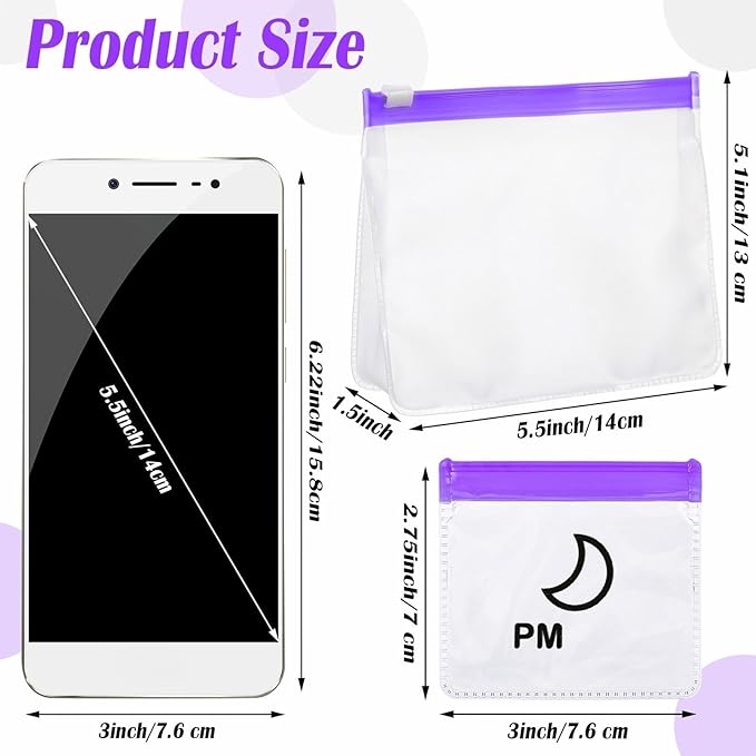 Colarr 14 Pcs AM PM Pill Pouches Bags Reusable Zippered Day and Night Pill Organizer with Slide Lock for Travel Medicine Case, 1 Large 14 Small(Clear, Purple)