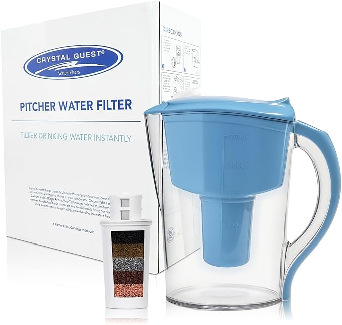Crystal Quest Water Filter Pitcher - 12-Cup Capacity, Includes 1 Long-Life Filter, BPA Free, Meets NSF Standard 42 - Filters up to 2,000 Gallons – Smart + Fluoride Removal/Light Blue