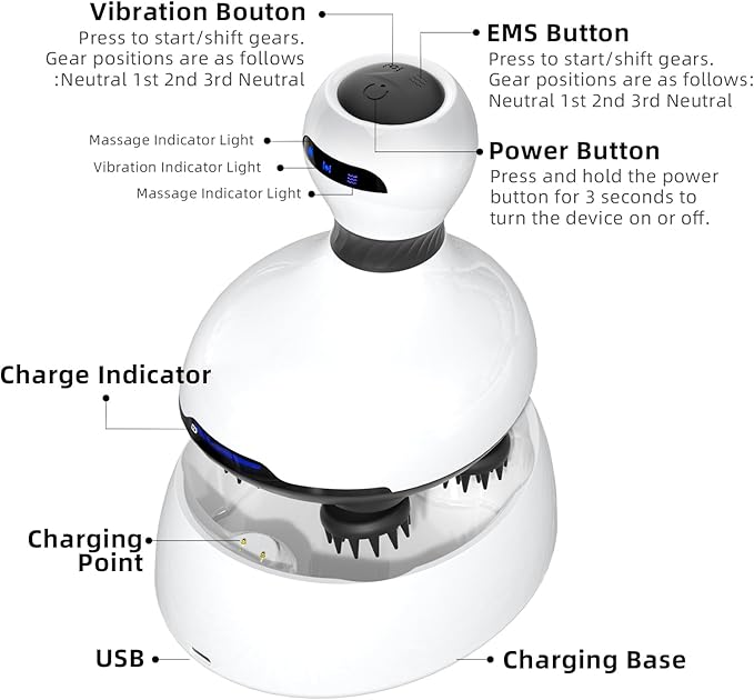 Electric Scalp Massager, EMS Stimulation Head Massager with Mutlti-Modes Vibration & Waterproof, Held Portable Head Scratcher Massager for Hair Growth, Deep Clean and Stress Relax