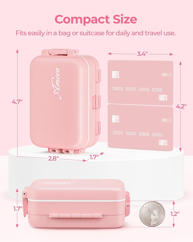 Compact 3-Layer Travel Pill Organizer, Cute Pill Box Case with Pull-Tab Design for Easy Opening, Medication Organizer with 8 Compartments for Supplements, Vitamins, Fish Oils, 30 Labels
