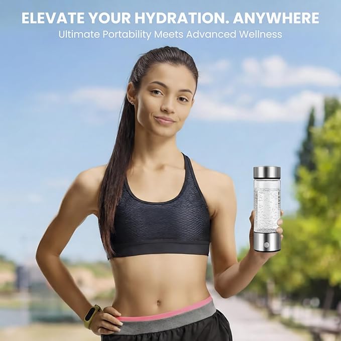 Hydrogen Water Bottle, Portable & Rechargeable – Molecular Hydrogen Water Generator, Alkaline Ionizer, Hydrogenated Water Purifier for Health & Fitness with Hydrogen-Rich Water Silver