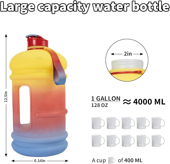 TOOFEEL 1 Gallon Water Bottle,Leakproof,Bpa Free,Dishwasher Safe,128 oz Large Water Jug wiht Handle,Travel & Camping & Sports & Gym Water Bottle For Men and Women - Yellow red gradient
