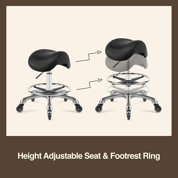 Ergonomic Saddle Stool, Adjustable Pneumatic Swivel Rolling Saddle Seat with Wheels for Hygienic, SPA, Salon, Home and Office, Haku 506 Series