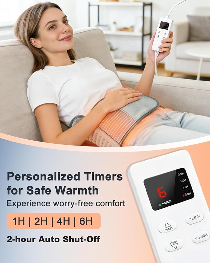 Heating Pad for Back Pain Relief, 12" x 24" + 26" XL Electric Heating Pad for Period Cramps with Loop Fastener for Hands-Free 360 Fit, 4 Timers & 6 Temperatures, Auto Shut-Off, Machine Washable