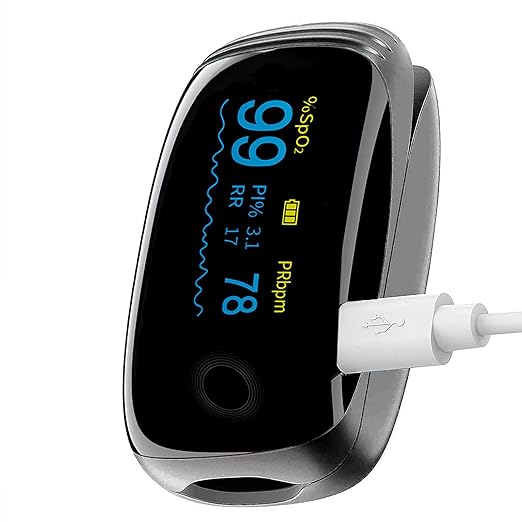 Rechargeable Pulse Oximeter Fingertip Oxygen Monitor Fingertip with SpO2 Pulse Rate and PI RR OLED Precision Fast Oximeter SpO2 Reading Outdoor Sports Home (Black)