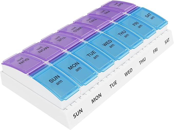Weekly AM/PM Pill Organizer - 7 Day Medicine Planner with Large Pop-Out Daily Compartments, Easy Open 2-Times-a-Day Pill Case for Travel that Holds Big Size Vitamins & Supplements, Blue and Purple