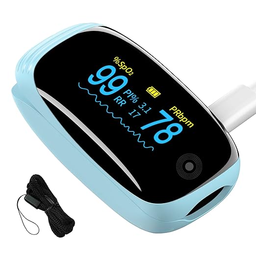 Fingertip Pulse Oximeter, Ox with Respiration Rate Monitoring, Heart Rate, PI & RR Measurements, Fast Spo2 Reading Rechargeable Blood Oxygen Monitor with OLED Display, 6 View Modes & 4-Direction Rotation(Blue）