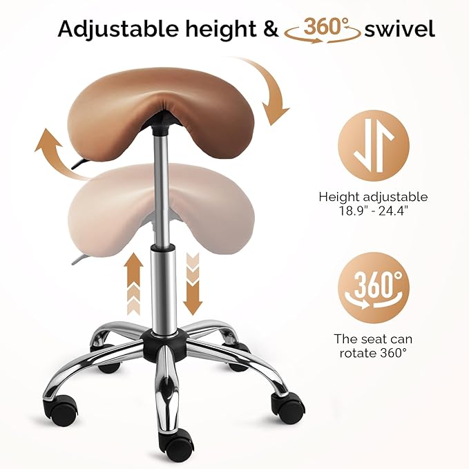 OmySalon Saddle Stool Rolling Chair, Ergonomic Saddle Chair with Swivel Wheels, Adjustable Hydraulic Stylist Cutting Stool for Salon Tattoo Massage Office Medical, Brown