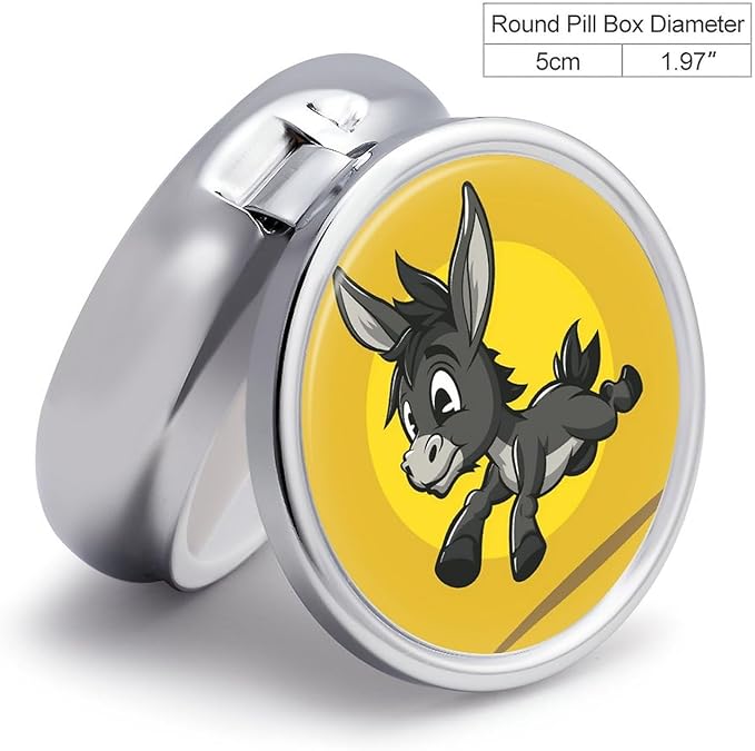 Cartoon Donkey Image Pill Box Travel Pill Case for Purse Pocket Weekly Medicine Organizer with Mirror 3 Compartment Round Medicine Case Portable PillcaseHolder for Daily