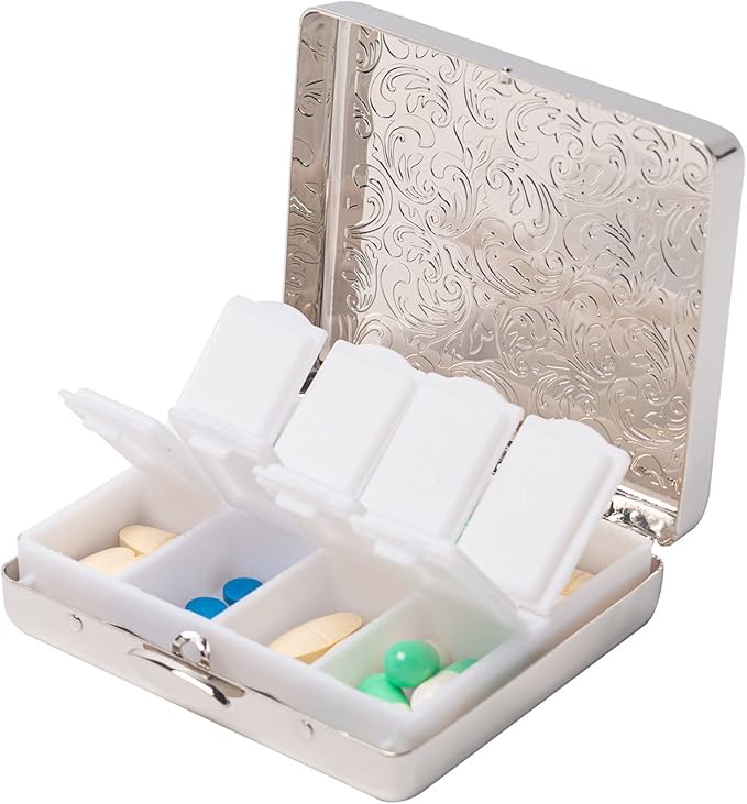 Fashion Elegant Medicine Portable Double Protection Switch Metal Travel Pill Box (7 Days) /8 Compartment (Light Silver)