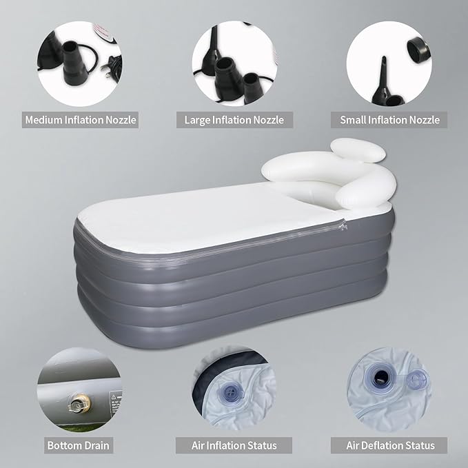 B&Y Portable Adult Soaking Bathtub, Ice Bath Tub Family Home Spa Tub with Zipper Cover, Designed with Headrest, Cup Holder (Air Pump Included) (Rectangular-164x84x51cm (without Machine))