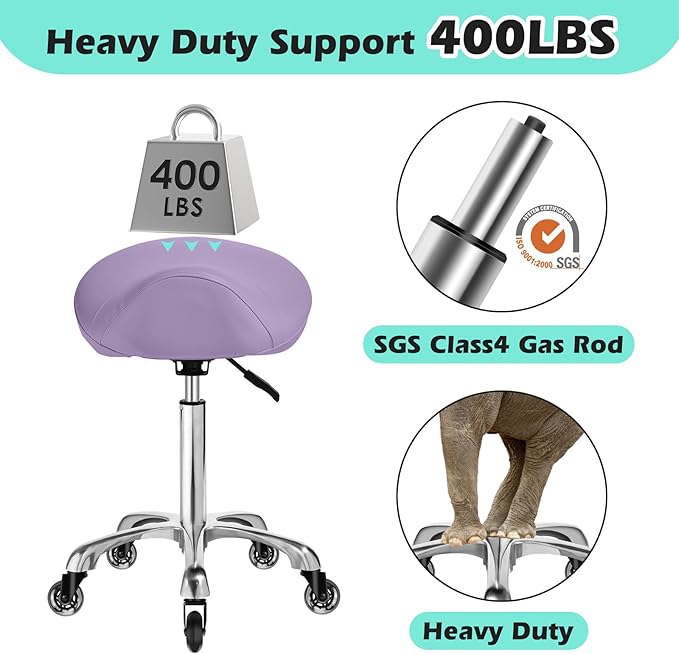 Saddle Stool with wheels Ergonomic - Heavy Duty 400lbs, Upgraded Thick Saddle Cushion, Healthy Posture Correction, Swivel Adjustable Rolling Saddle Stool, Saddle Chair for Salon Massage Home (Purple)